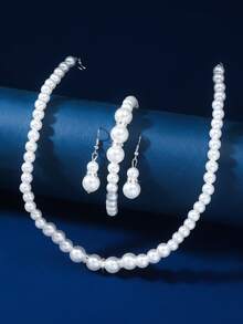 3入組新娘毛衣項鏈和項鍊套裝，鑲嵌著鑽石和人造珍珠，適用於婚禮派對 - 白色 - 查看 2
