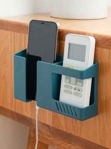 1pc White Plastic Wall-Mounted Shelf With Phone Holder, Remote Control Holder And Charging Hole