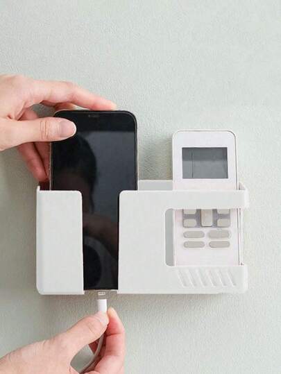1pc White Plastic Wall-Mounted Shelf With Phone Holder, Remote Control Holder And Charging Hole