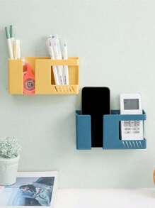 1pc White Plastic Wall-Mounted Shelf With Phone Holder, Remote Control Holder And Charging Hole