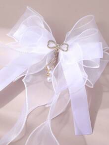 1 件裝女用婚禮髮飾,超仙白色網狀髮夾,帶飛絲帶和蝴蝶結設計,高端頭飾,適合新娘、伴娘、派對 - 白色 - 查看 3