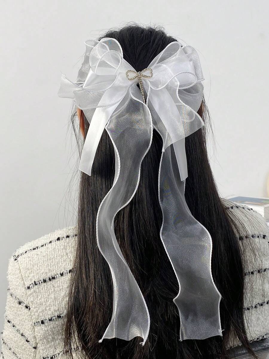 1 件裝女用婚禮髮飾,超仙白色網狀髮夾,帶飛絲帶和蝴蝶結設計,高端頭飾,適合新娘、伴娘、派對 - 白色 - 查看 1