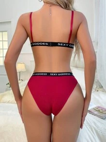 時尚舒適性感女性文胸套裝,帶字母印花,無鋼圈推進文胸套裝 - 酒紅色 - 查看 2