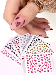 7入組閃爍愛心印花美甲貼紙,全息閃亮心形圖案混合顏色尺寸,diy美甲沙龍裝飾 - 彩色 - 查看 1