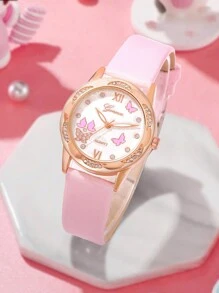 1 Reloj De Mariposa Rosa Con Diamantes De Imitación Para Niñas Y Juego De Pulsera De Corazón Con Diamantes De Imitación De 5 Piezas - Rosa - Ver 4