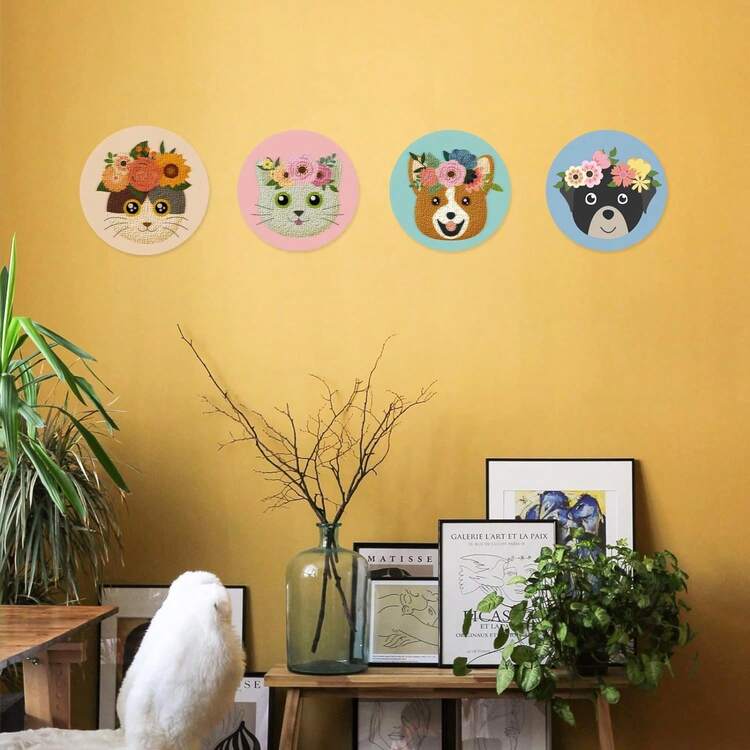 4 Ensembles Kit De Broderie - Chat & Chien Modèle Point De Croix Pour Débutants Adultes Avec Cerceau De Broderie En Plastique, Fil Et Aiguille - Multicolore - Voir 3