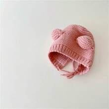 1頂純色帶耳編織嬰兒帽,冬季保暖及保護,可愛簡約設計,適用於日常使用 - 粉色 - 查看 3