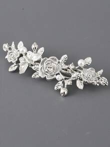 1pc Vintage Flower & Leaf & Butterfly Shaped Faux Pearl & Rhinestone Hair Clip - Silver - View 2