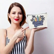 1pc Letter Patterned Encryption Linen Cosmetic Bag - Beige - View 5