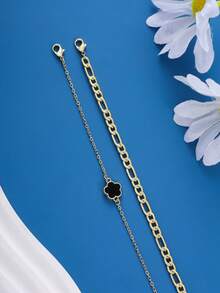 2入組優雅精緻五瓣花銅手鍊,適合日常佩戴、約會及感恩節、聖誕節禮物 - 黑色 - 查看 2