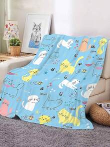 1pc Cat Woolen Blanket Suitable For Baby & Toddlers, Great Gift For Cat Lovers, Printed With Cute Cat Design, Soft Flannel Fleece Material, All-Season, Blue - Multicolor - View 3