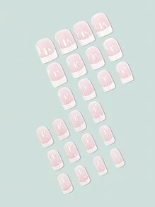 24 件套短版橢圓形時尚高端法式細閃銀邊全覆蓋美甲套裝升級您的造型,適合節日聚會和舞會日常穿著 - 彩色 - 查看 3