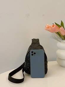 1入組女孩粉色pu胸包,時尚刺繡腰袋和休閒斜跨包,適用於日常使用 - 黑色 - 查看 4