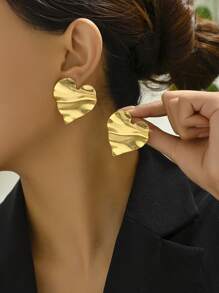 2 件复古简约心形不对称花卉印花和波浪心形设计金色超大一体式环形耳环，适合女性日常佩戴，左右两侧均可佩戴 - 金色 - 查看 1