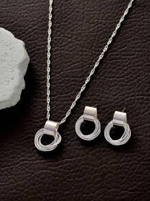 1 Set Par De Pendientes Y Collar Con Diseño De Círculo De Moda, Adecuado Para Uso Diario De Mujeres - Plateado - Ver 5