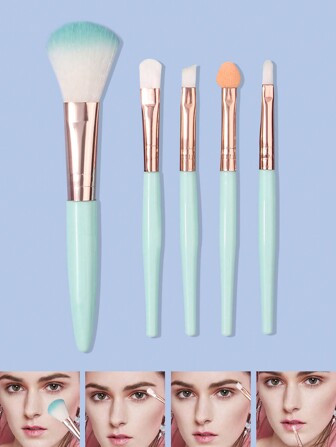 5件套优质蓝色化妆刷套装，包含散粉刷、修容刷、腮红刷和眼影刷，刷毛柔软，适合学生和化妆爱好者使用。套装包含：化妆刷套装、化妆刷套装、化妆刷套装、全套化妆工具、化妆刷套装、化妆礼盒套装。