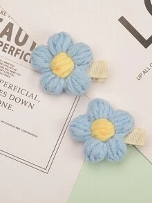 2 件組兒童秋冬羊毛花朵髮夾,幼兒女孩短髮瀏海側頭時尚髮飾 - 藍色 - 查看 2