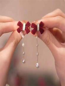 適合訂婚敬酒的高端大氣蝴蝶結耳環 - 酒紅色 - 查看 3