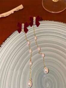 適合訂婚敬酒的高端大氣蝴蝶結耳環 - 酒紅色 - 查看 4