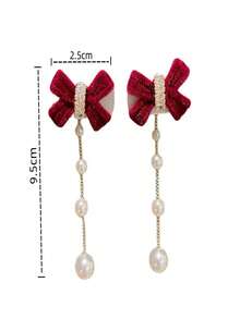 適合訂婚敬酒的高端大氣蝴蝶結耳環 - 酒紅色 - 查看 5