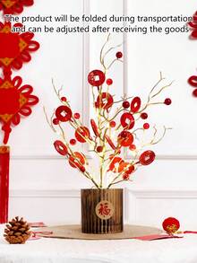 1件44厘米（高）逼真中国新年红色水果硬币LED盆栽植物，家居装饰吉祥摆件，中国新年礼物 - 金色 - 查看 5