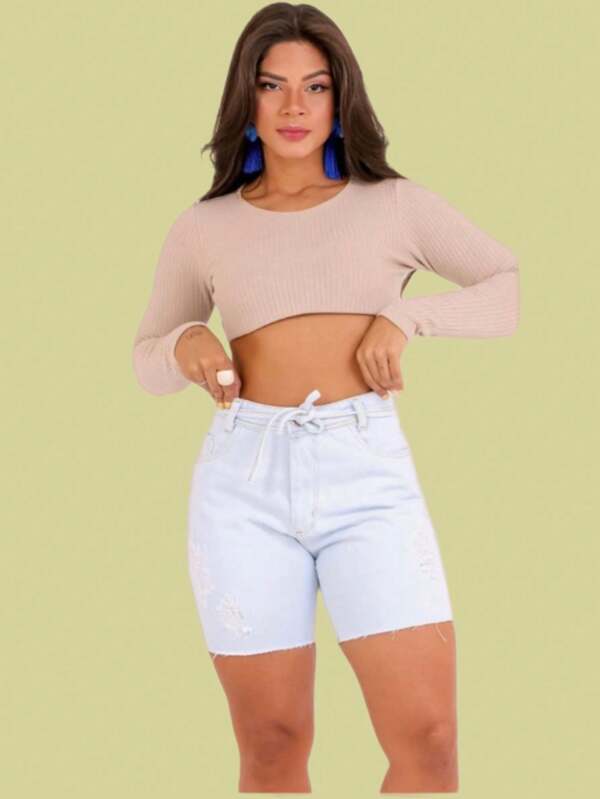 short bermuda jeans feminino sem elastano cintura media lavagem clara lisa com cinto cordao amarrar
