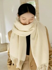 1 件男女通用经典纯色柔软秋冬保暖仿羊绒围巾，时尚流苏，防静电，休闲长款厚实保暖披肩，适合日常、约会、度假、旅行、摄影、节日礼物 - 白色 - 查看 2