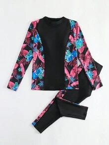 Traje de baño tipo tankini con cuello alto y cremallera, tirantes de espagueti, parte superior con estampado tropical de manga larga y pantalones capri, conjunto de ropa de baño casual y elegante de 2 piezas para mujer, con elasticidad media - Negro - Ver 8