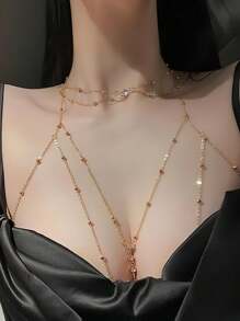 時尚西式女士身鏈項鍊，比基尼胸罩上鏈背景項鍊，帶鎖和鑰匙吊墜 - 金色 - 查看 2