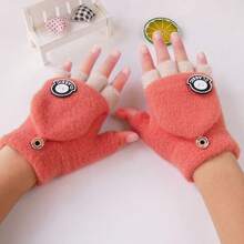 儿童手套，秋冬款，适合大童，针织，毛绒衬里，柔软，可翻盖，触摸屏，适合学龄前儿童和幼儿 - 橘色 - 查看 1