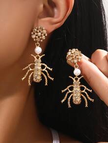 1對歐美風格誇張昆蟲形狀的鑲嵌耳環,適用於女性 - 金黃色 - 查看 1