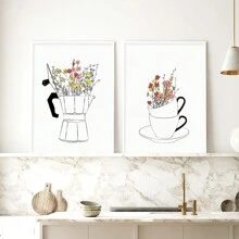 Conjunto de 2 carteles de impresión en lienzo estilo nórdico, arte de pared de lienzo con taza de café y flores, pintura artística para decorar la sala de estar, dormitorio, baño, oficina, pasillo, cocina, sin marcos, arte de pared moderno, carteles para habitación, elementos de decoración de habitación, decoración del hogar, decoración de habitación estética, decoración occidental