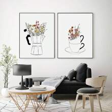Conjunto de 2 carteles de impresión en lienzo estilo nórdico, arte de pared de lienzo con taza de café y flores, pintura artística para decorar la sala de estar, dormitorio, baño, oficina, pasillo, cocina, sin marcos, arte de pared moderno, carteles para habitación, elementos de decoración de habitación, decoración del hogar, decoración de habitación estética, decoración occidental