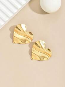 2 件复古简约心形不对称花卉印花和波浪心形设计金色超大一体式环形耳环，适合女性日常佩戴，左右两侧均可佩戴 - 金色 - 查看 3