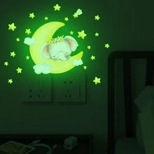 Luminous Elephant Sticker Glow In The Dark Elaphant On Smiling Face With Luminous Glow Stars Wall Decal Sticker Glowing Luminous Moon Wall Print Stickers Or Ceiling Art Stickers Removable Adhesive Wall Decal For Kids Bedroom - Green - View 7