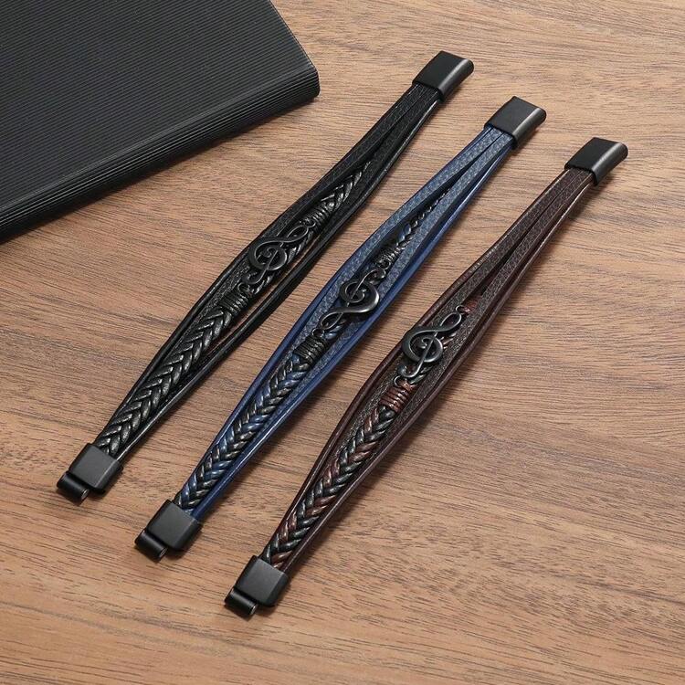 Vintage Creative Men's Music Note Symbol Simple Leather Multi Strand Magnetic Clasp Bracelet - Multicolor - View 2
