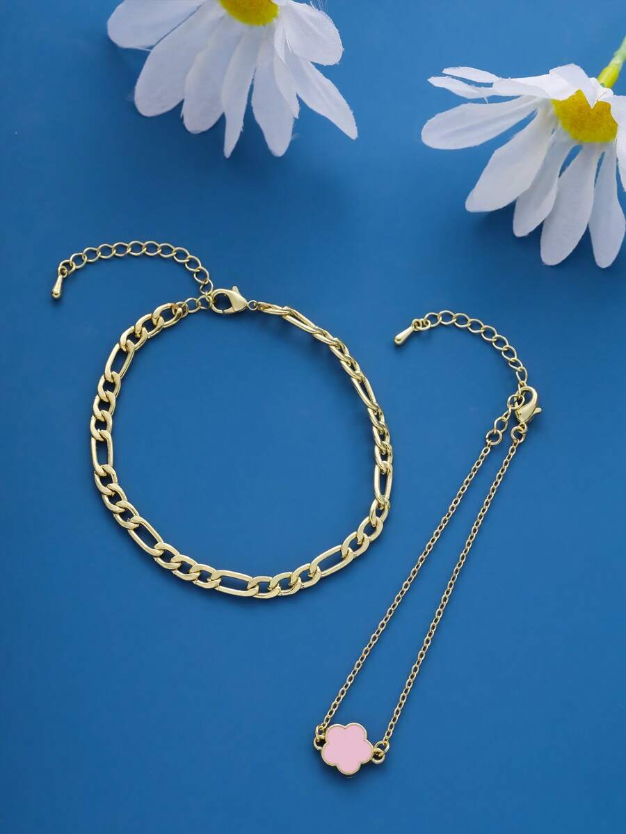 2入組優雅時尚五瓣花銅質手鐲,適合日常佩戴、約會、感恩節、聖誕禮物 - 粉色 - 查看 1