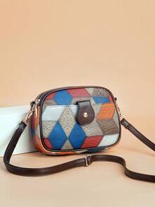 Fashionable Color Block Geometric Splicing Elegant Shoulder Bag For Daily Shopping And Streetwear - Blue - View 3