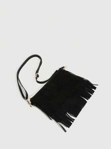 1 件女士波西米亚风手提包，鹿皮绒面复古哑光水桶包，复古英伦风小方包，流苏斜挎包，橄榄绿、黑色、咖啡棕可选，适合上学、工作、商务、通勤、户外、旅行 - 黑色 - 查看 3