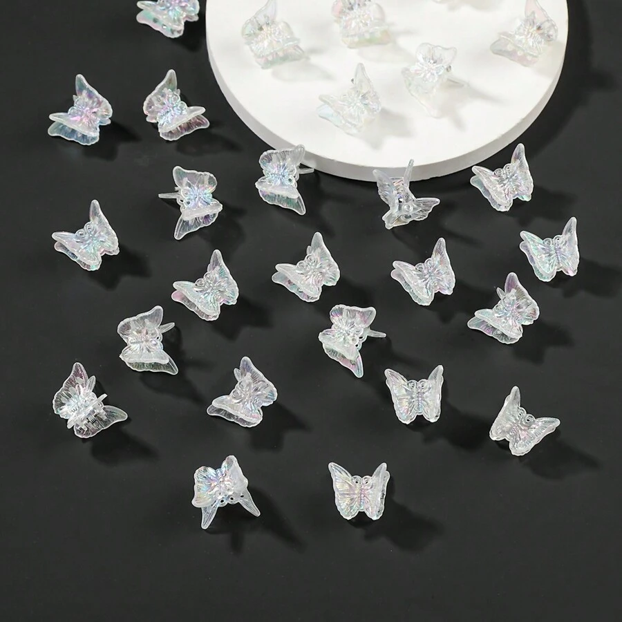 20入組彩色透明蝴蝶迷你髮夾卡子,公主風格髮飾,日常佩戴不傷髮 - 無色 - 查看 1