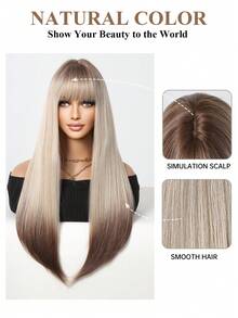 24 吋長直漸層棕色至金色假髮帶瀏海耐熱合成假髮女式髮派對日常角色扮演漸變色合成假髮製作自然外觀的女式假髮 - 彩色 - 查看 8