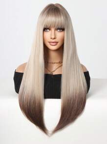 24 吋長直漸層棕色至金色假髮帶瀏海耐熱合成假髮女式髮派對日常角色扮演漸變色合成假髮製作自然外觀的女式假髮 - 彩色 - 查看 1