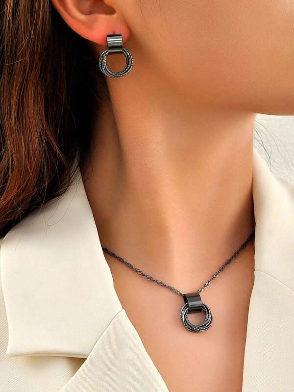 1pair Earrings + 1pc Necklace Fashion Ring Set Suitable For Women's Daily Outfit