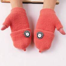 儿童手套，秋冬款，适合大童，针织，毛绒衬里，柔软，可翻盖，触摸屏，适合学龄前儿童和幼儿 - 橘色 - 查看 3