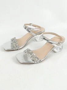 Modische Damen Sandaletten mit dicken Absätzen, Glitzersteinen und offenen Zehen, Silber, perfekt für Partys und vielseitige Outfits an Valentinstag