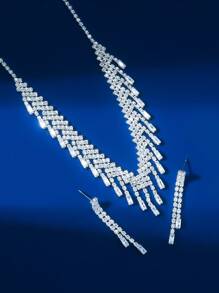 3入組飾品套裝包括鑽石項鏈和耳環 - 銀色 - 查看 3