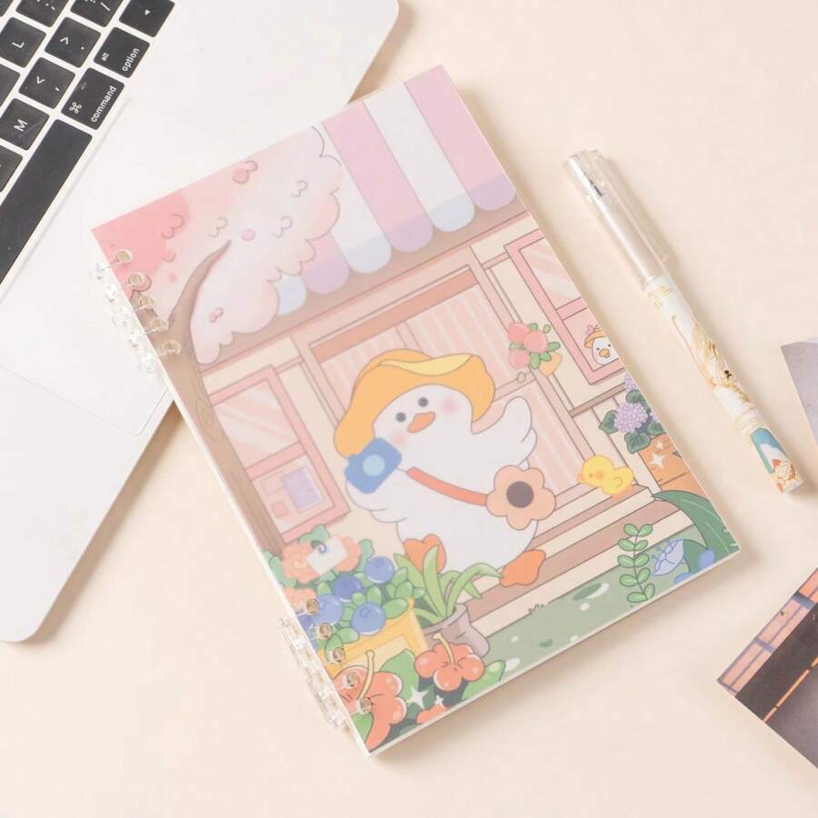 Pp Spiral Bound A5 Notebook With Detachable Pages, Cute Cartoon Design, 10 Refillable Holes - Yellow Hat Duck - View 1