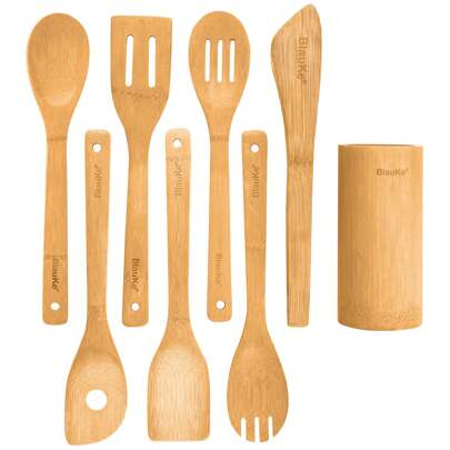 BlauKe® Bamboo Kitchen Utensils Set 8-Pack - Wooden Cooking Utensils For Nonstick Cookware - Wooden Cooking Spoons, Spatulas, Turner, Tongs, Utensil Holder
