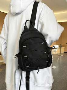 新款男士簡約多用途純色商務背包,時尚束口裝飾大學書包,防水校園電腦袋,寬大容量便攜多功能小型運動袋,適用於戶外露營旅行 - 黑色 - 查看 2