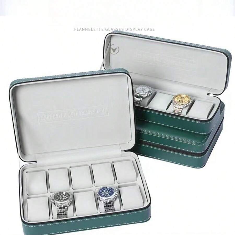 1pc Green Zipper Watch Storage Case, Grey Interior Portable Watch Zipper Pouch, Home Leather Watch Organizer Gifts Women Girls